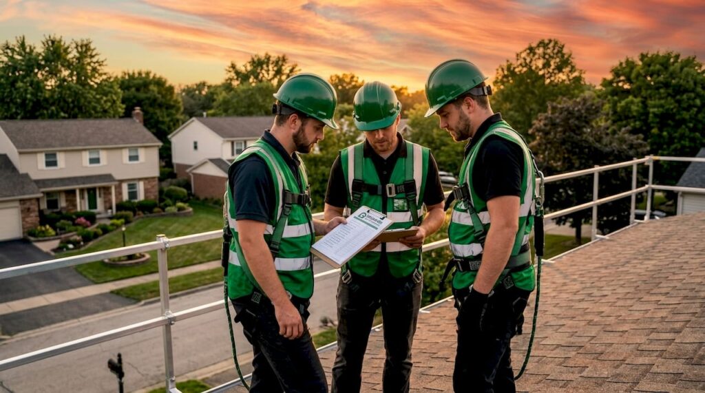 Roofing crew reviewing safety checklist on roof