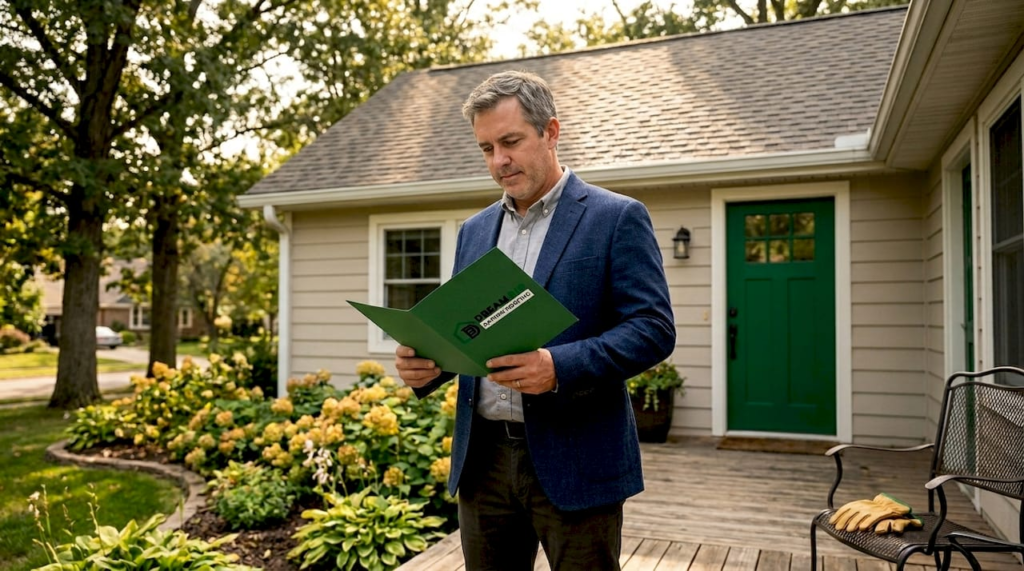 Real estate investor inspecting residential roof