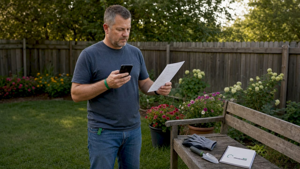 Homeowner reviewing roofing checklist outdoors