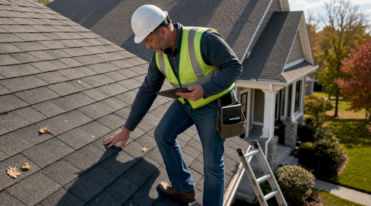 Roof inspector examining shingles on home roof