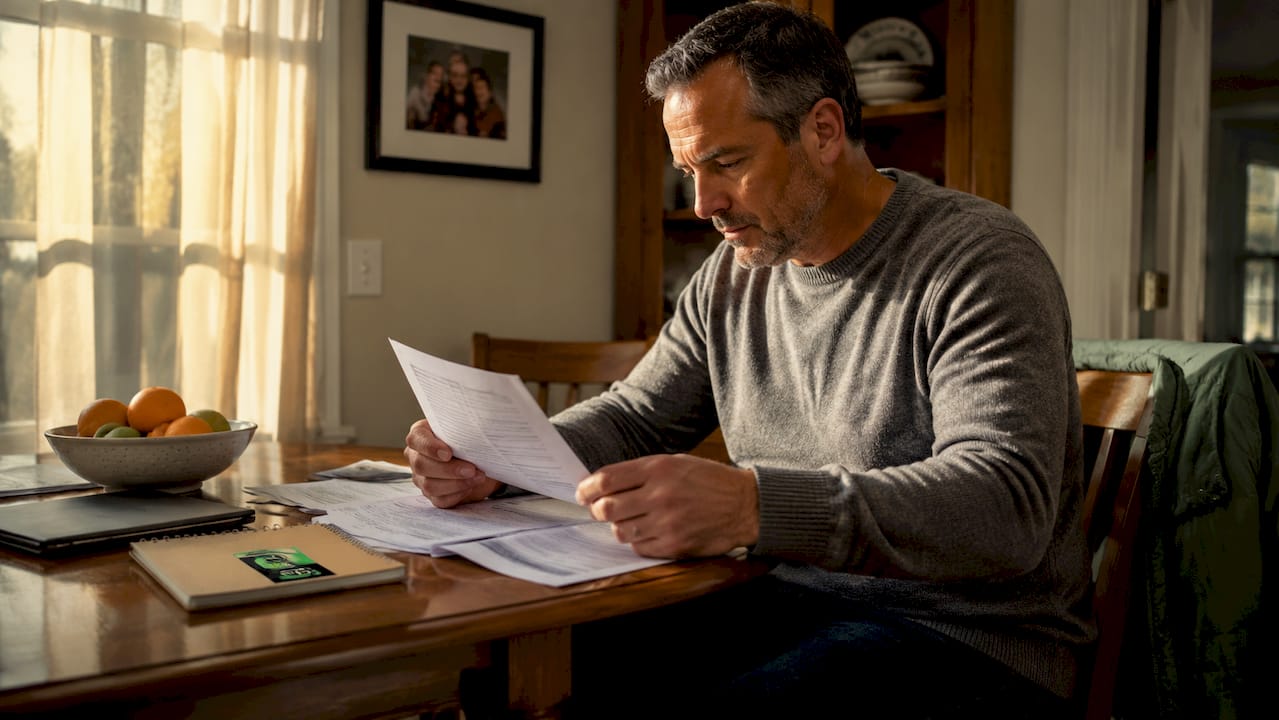 Homeowner reviewing roofing insurance claim paperwork