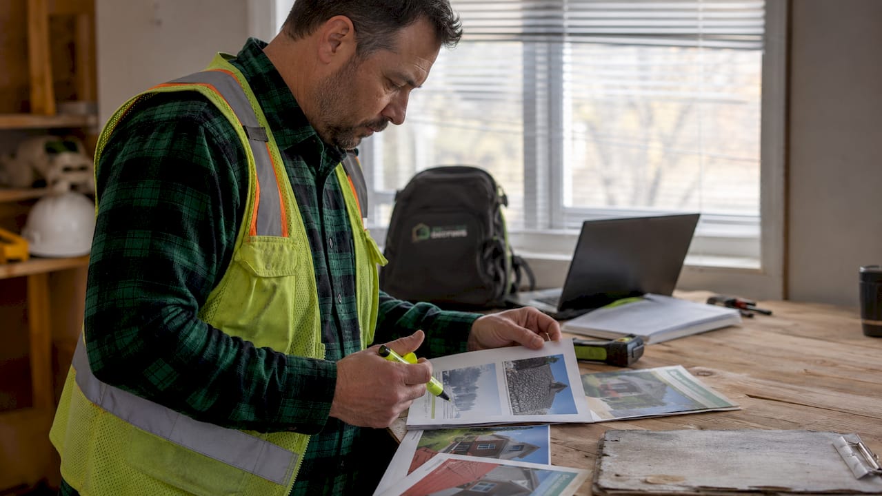 Contractor comparing roofing company brochures at site office