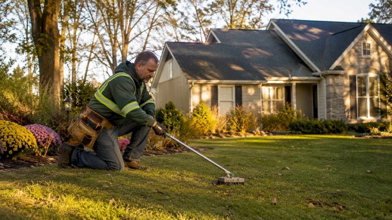 Roofer sweeping nails from yard after roof work