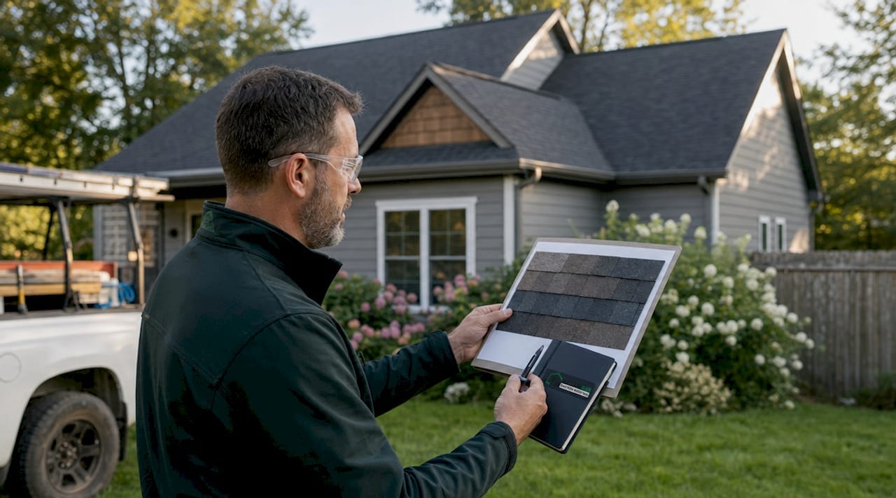 Roofing professional reviewing material options outdoors