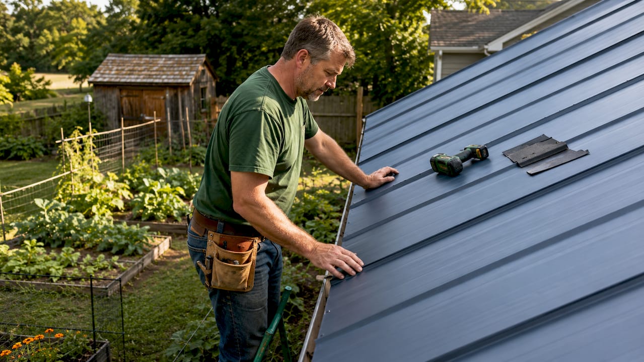 Homeowner inspecting metal roofing panels outdoors