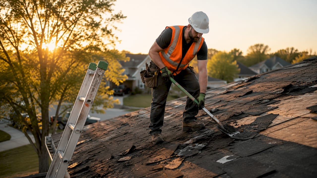 Contractor removing old roof shingles outdoors